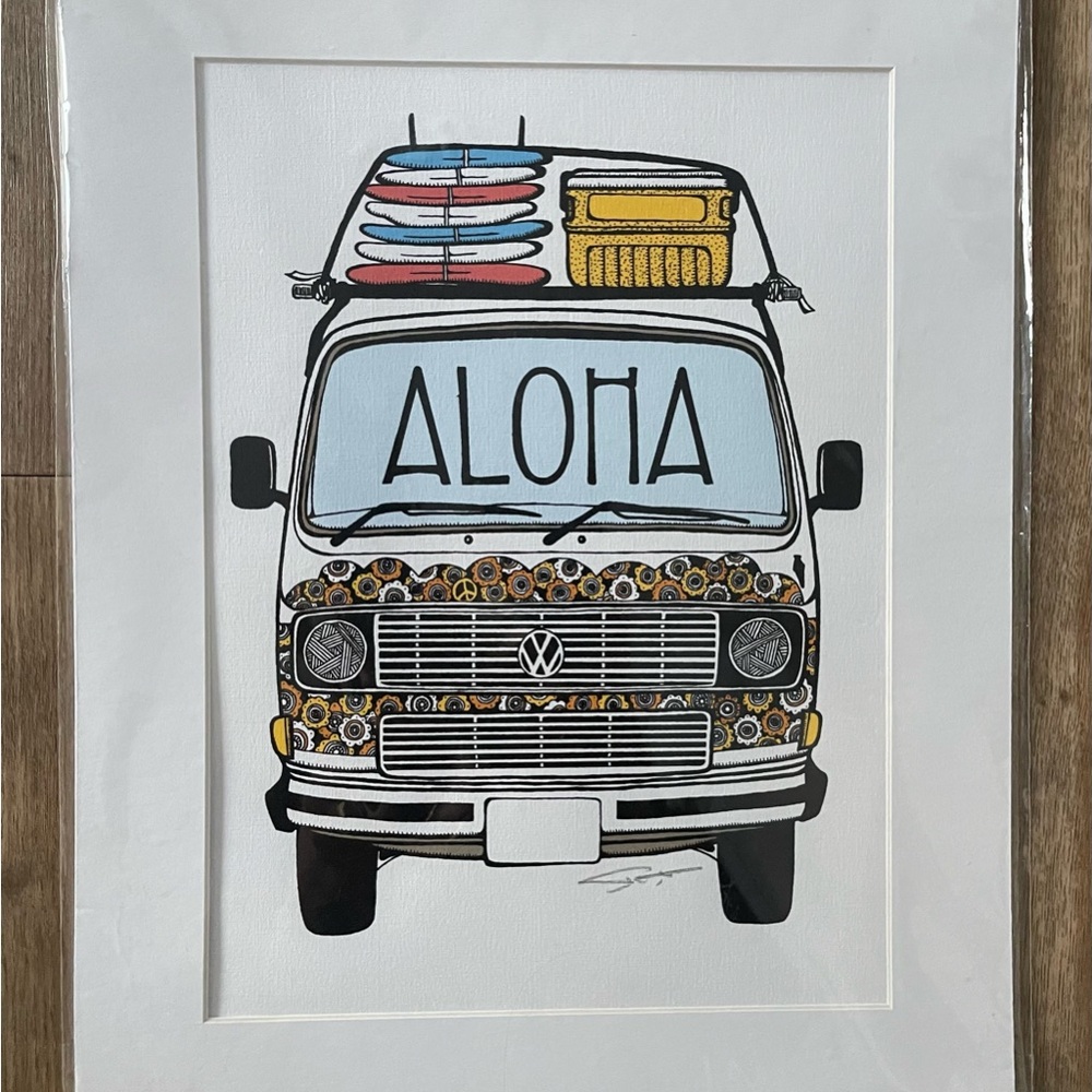Aloha Volkswagen Van Art Print with Surfboards